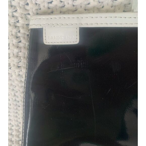 Lands End Patent Leather Mod Tote Bag Black w/White Snap Close Top Cotton Lining - Picture 6 of 16